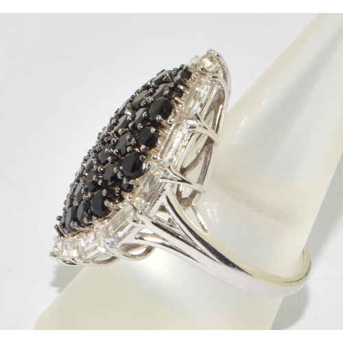 207 - Black/white spinnel 925 silver navette ring size Q