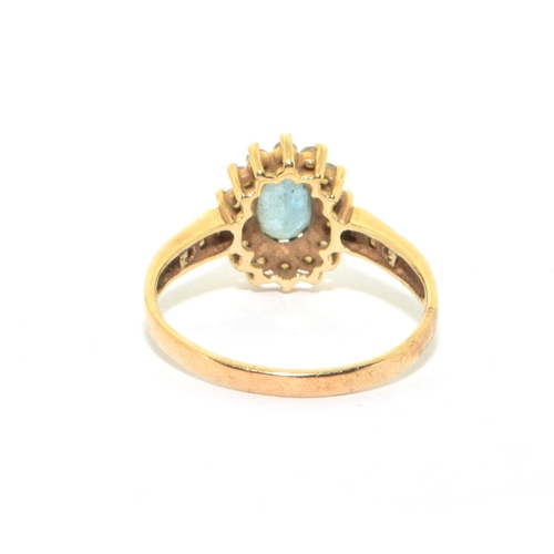 161 - 9ct gold ladies Aquamarine  halo cluster ring size Q