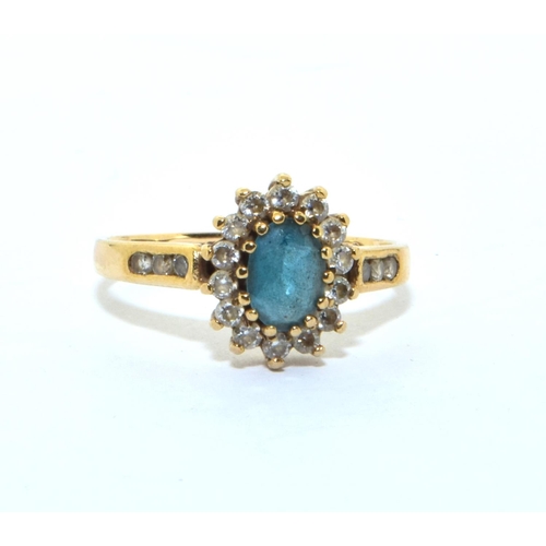 161 - 9ct gold ladies Aquamarine  halo cluster ring size Q