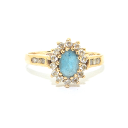 161 - 9ct gold ladies Aquamarine  halo cluster ring size Q