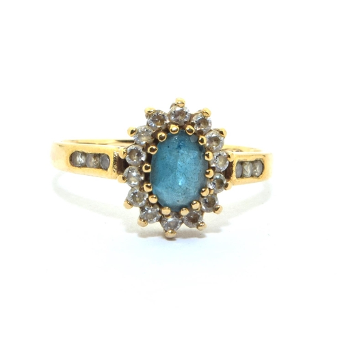 161 - 9ct gold ladies Aquamarine  halo cluster ring size Q