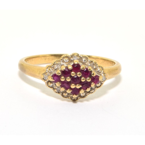 36 - 9ct gold ladies Ruby and Diamond halo surround ring size R