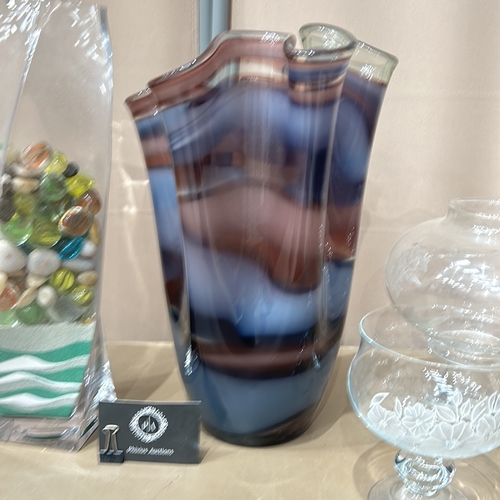 333 - Large Hand-blown large glass handkerchief vase in purple and blue colour way. with various other gla... 