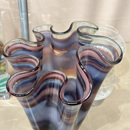 333 - Large Hand-blown large glass handkerchief vase in purple and blue colour way. with various other gla... 