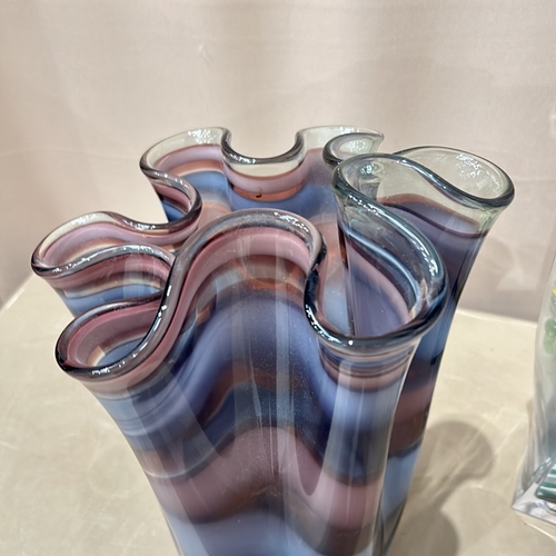 333 - Large Hand-blown large glass handkerchief vase in purple and blue colour way. with various other gla... 