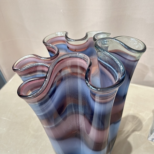 333 - Large Hand-blown large glass handkerchief vase in purple and blue colour way. with various other gla... 