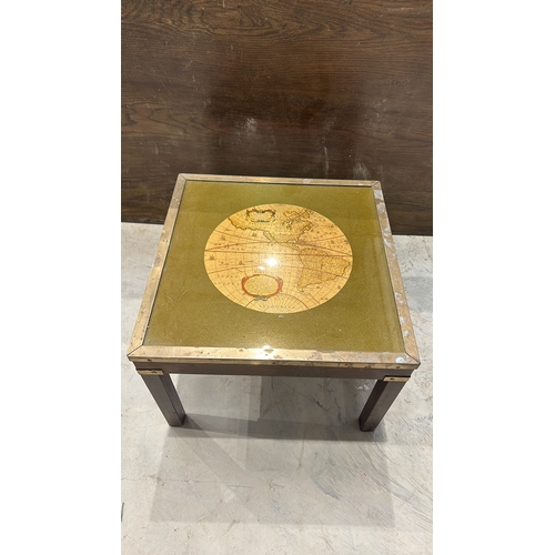 116 - Side table with Brass Framed and glazed 17th-century world map reproduction.