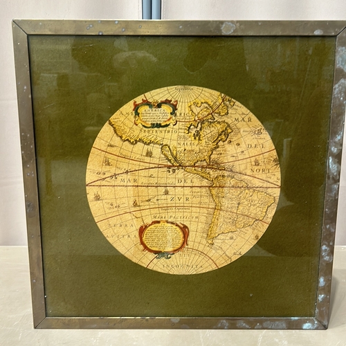 116 - Side table with Brass Framed and glazed 17th-century world map reproduction.