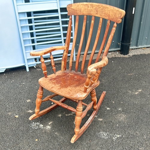 118 - Good Wooden Pine rocking chair with slatted back and curved rockers, together with an early 20thC hi... 