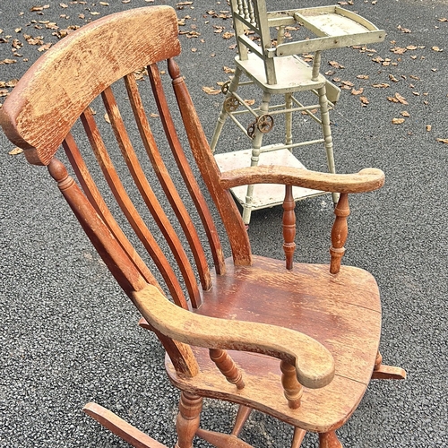 118 - Good Wooden Pine rocking chair with slatted back and curved rockers, together with an early 20thC hi... 