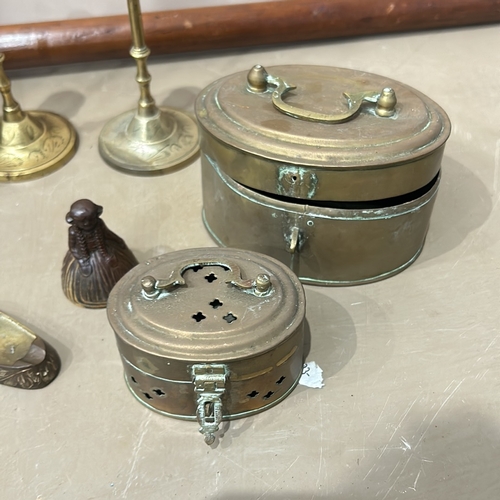 247 - Eclectic antique lot includes brass candlesticks, copper bedwarmer, a vintage lantern, and decorativ... 