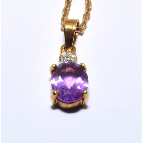 23 - 9ct gold Diamond and Amethyst pendant necklace on a 44cm chain