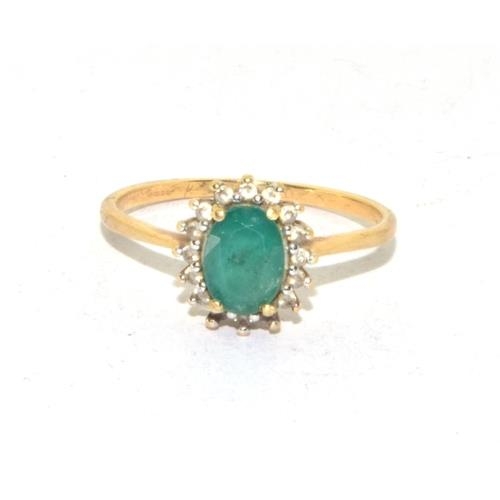 118 - 9ct gold ladies Emerald halo cluster ring size O