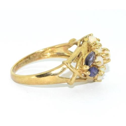 121 - 9ct gold ladies vintage Opal and Amethyst cluster statement ring 4.3g size T