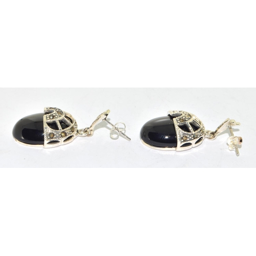 84 - Pair silver Marcasite and onyx drop earrings