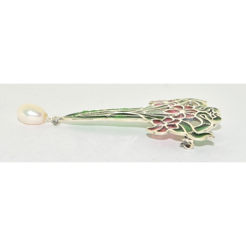 304 - Silver plique a jour brooch/pendant with a pearl drop in an art nouveau style