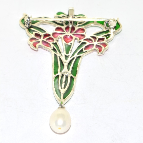 304 - Silver plique a jour brooch/pendant with a pearl drop in an art nouveau style