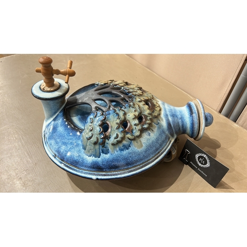 218 - Stoneware Studio Potter Wall Hanging vessel by Simon Eeles, Shepherd's Well Pottery, features a blue... 