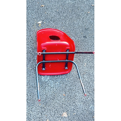 59 - Set of 21 small stackable plastic chairs in vibrant yellow, brown, blue, and red with black metal le... 