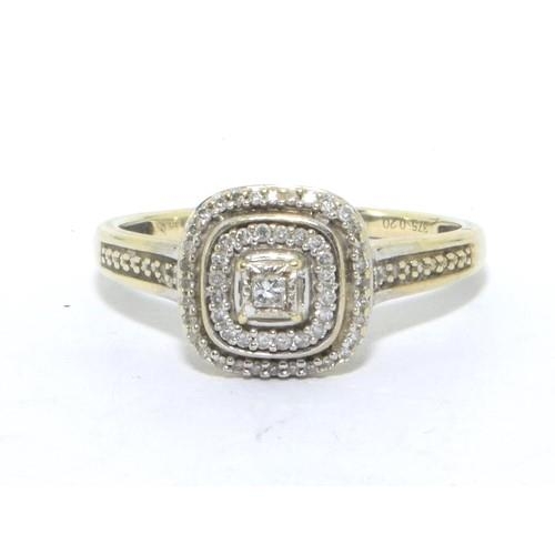 231 - 9ct white gold ladies Diamond 3 square halo design ring hall marked in ring as 0.20ct size T