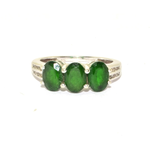 246 - 9ct white gold Emerald and accent Diamond triple stone ring size N