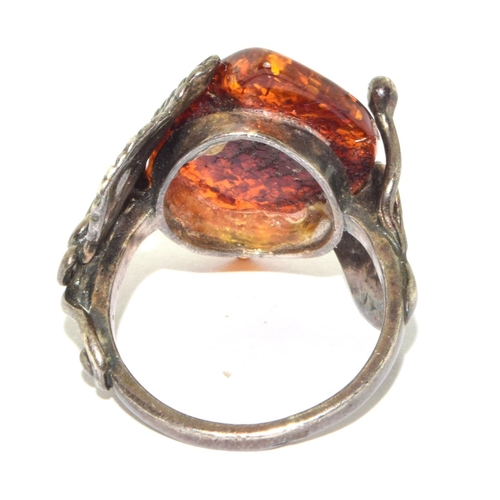 307 - 925 silver Art Nouveau Baltic Amber with leaf design ring size Q