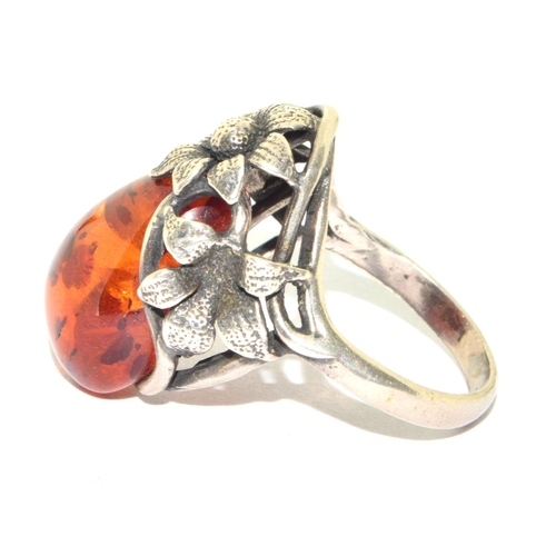 357 - 925 silver Art Nouveau Amber ring in fruit leaf design size N