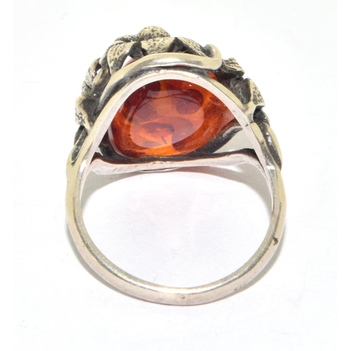 357 - 925 silver Art Nouveau Amber ring in fruit leaf design size N