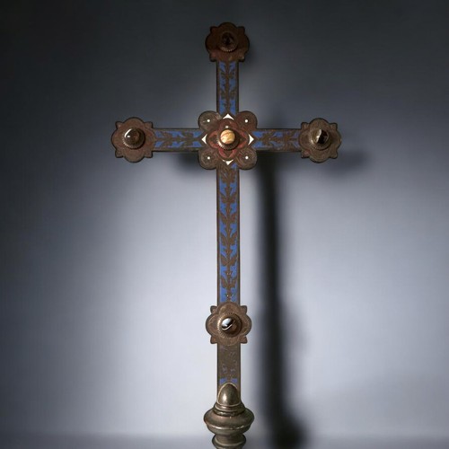 632 - A Bronze processional Cross.Enamelled and adorned with polished Cabochon. Long Ebony handle. Height ... 