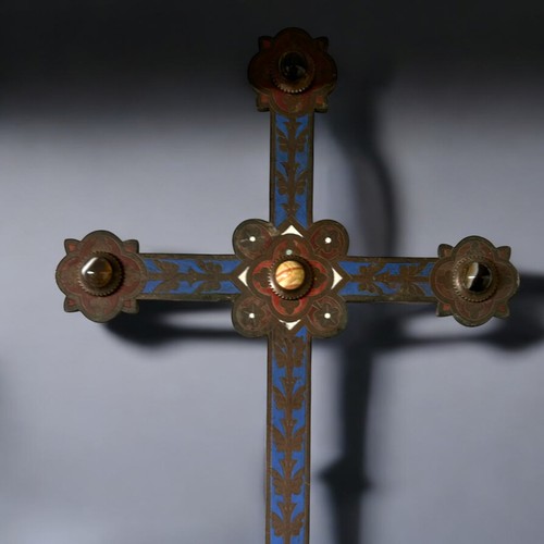 632 - A Bronze processional Cross.Enamelled and adorned with polished Cabochon. Long Ebony handle. Height ... 