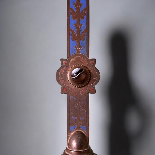 632 - A Bronze processional Cross.Enamelled and adorned with polished Cabochon. Long Ebony handle. Height ... 