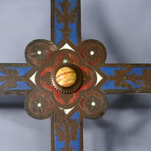 632 - A Bronze processional Cross.Enamelled and adorned with polished Cabochon. Long Ebony handle. Height ... 