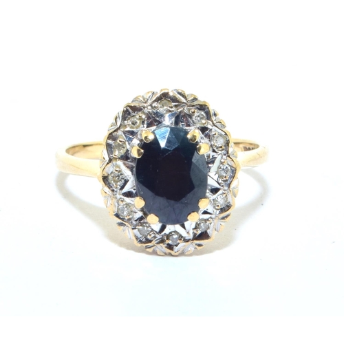 382 - 9ct gold ladies Diamond and Sapphire antique set oval cluster ring size  M