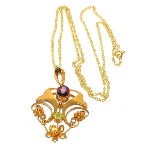 383 - 9ct gold Garnet and Peridot Lavaliere pendant necklace set on a 46cm gold chain