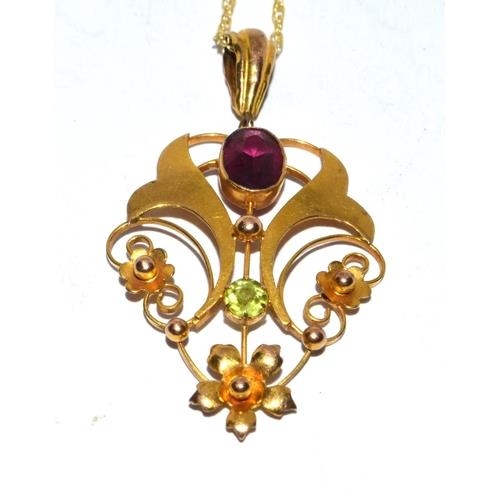 383 - 9ct gold Garnet and Peridot Lavaliere pendant necklace set on a 46cm gold chain