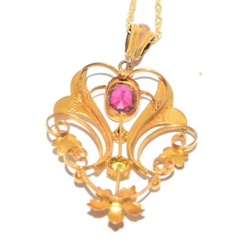 383 - 9ct gold Garnet and Peridot Lavaliere pendant necklace set on a 46cm gold chain