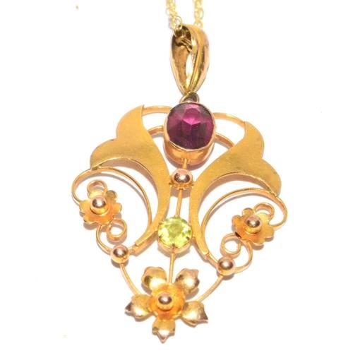 383 - 9ct gold Garnet and Peridot Lavaliere pendant necklace set on a 46cm gold chain