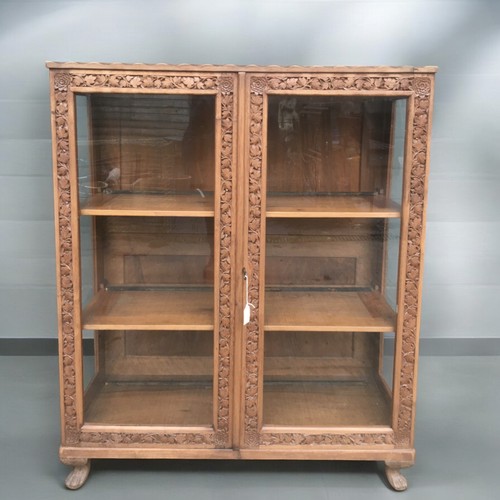 411 - Heavily Carved Indian Kashmiri Foliate Hardwood Glazed Display Case/Bookcase with 2 Fitted Shelves S... 