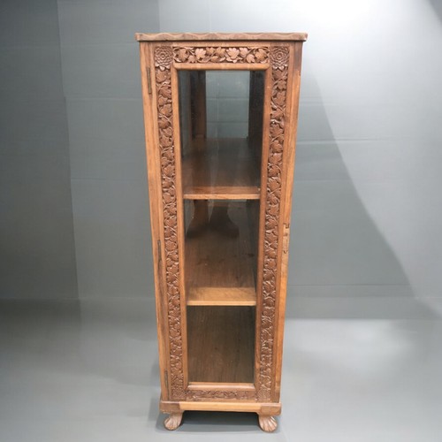 411 - Heavily Carved Indian Kashmiri Foliate Hardwood Glazed Display Case/Bookcase with 2 Fitted Shelves S... 