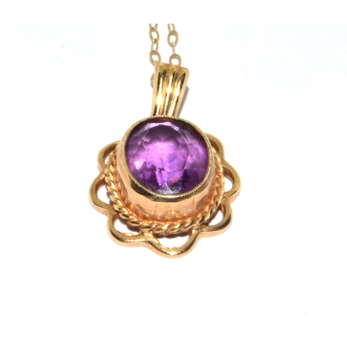 333 - 9ct gold ladies Vintage Amethyst cabochon  pendant necklace in an enclosed setting with open wo... 