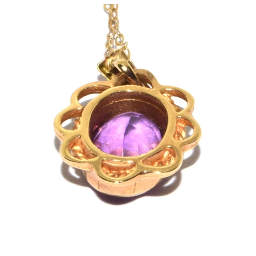 333 - 9ct gold ladies Vintage Amethyst cabochon  pendant necklace in an enclosed setting with open wo... 