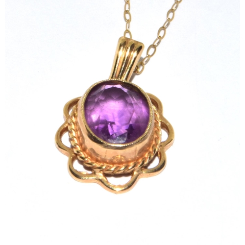 333 - 9ct gold ladies Vintage Amethyst cabochon  pendant necklace in an enclosed setting with open wo... 