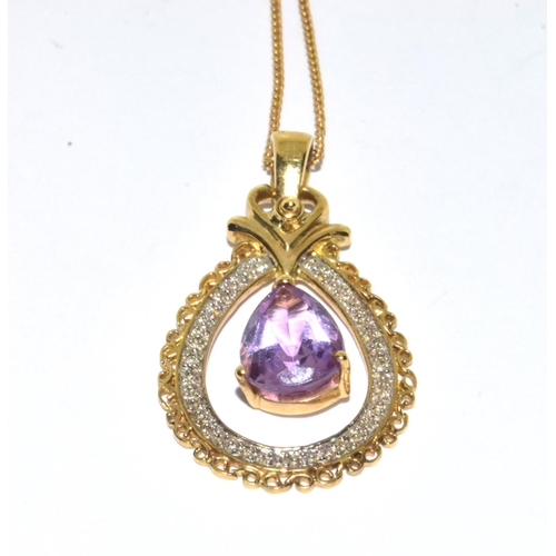 363 - 9ct gold ladies Amethyst and Diamond drop pendant pear shape  necklace on a 52cm gold chain