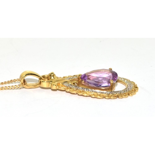 363 - 9ct gold ladies Amethyst and Diamond drop pendant pear shape  necklace on a 52cm gold chain