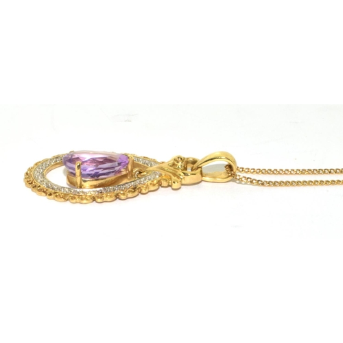 363 - 9ct gold ladies Amethyst and Diamond drop pendant pear shape  necklace on a 52cm gold chain