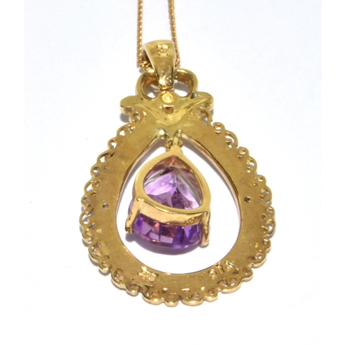 363 - 9ct gold ladies Amethyst and Diamond drop pendant pear shape  necklace on a 52cm gold chain