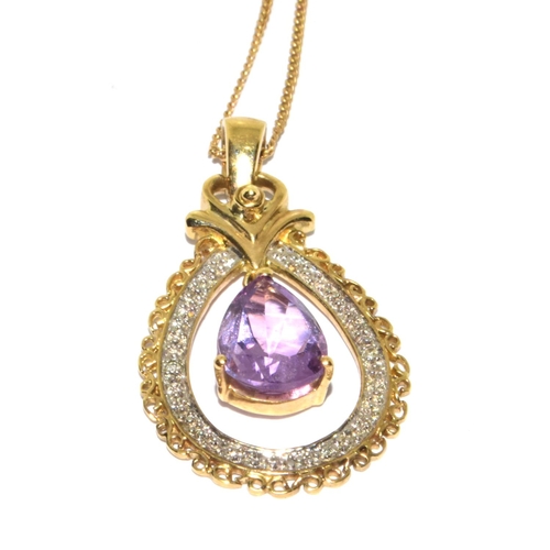 363 - 9ct gold ladies Amethyst and Diamond drop pendant pear shape  necklace on a 52cm gold chain