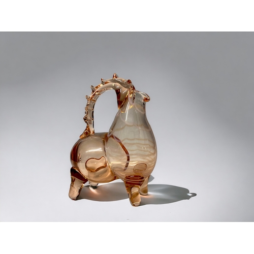 11 - A MID CENTURY USSR ART GLASS BULL CARAFE. Hand blown, with opaline trails. Unmarked. 21 x 16cm