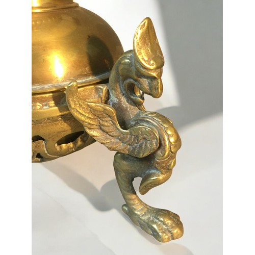 7 - Victorian Cast Brass Gryphon 3 Legged based Table Oill Lamp.