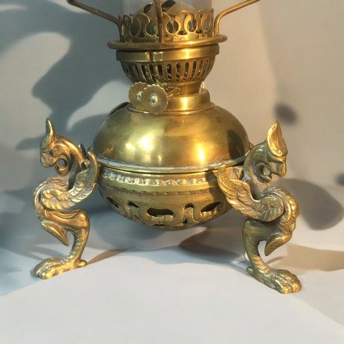 7 - Victorian Cast Brass Gryphon 3 Legged based Table Oill Lamp.